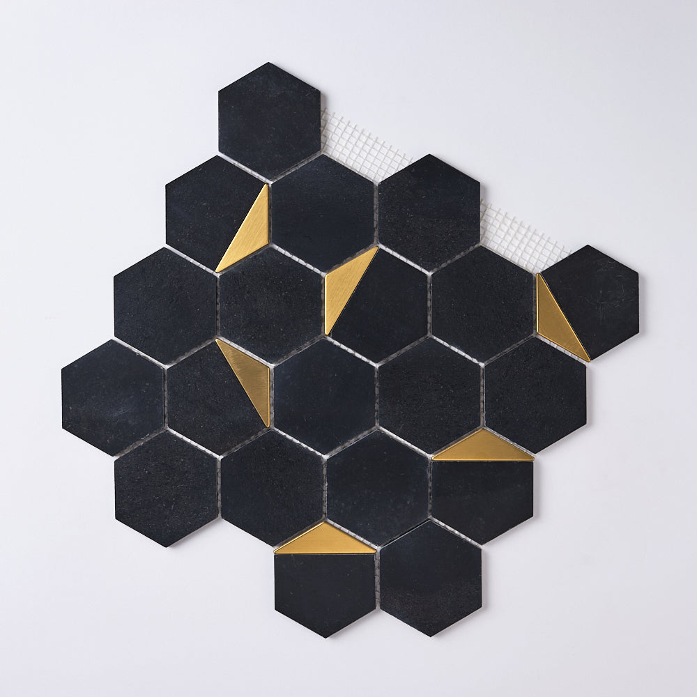 Glam Nero Marquina + Gold Brass Hexagon Mosaic Tilezz 