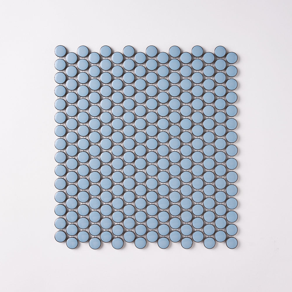 Simple Sky Blue Penny Round Ceramic Mosaic Glossy Tilezz 