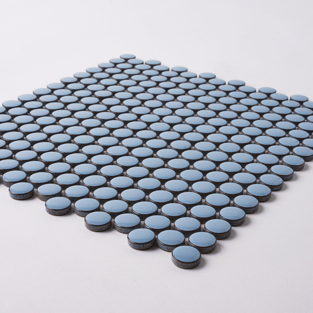 Simple Sky Blue Penny Round Ceramic Mosaic Glossy Tilezz 