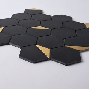 Glam Nero Marquina + Gold Brass Hexagon Mosaic Tilezz 