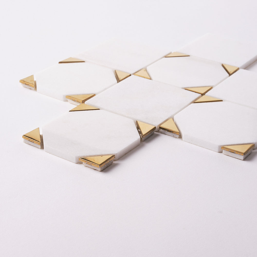 Glam Thassos White + Gold Brass Squares Marble Mosaic Tilezz 