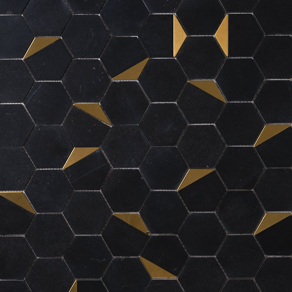 Glam Nero Marquina + Gold Brass Hexagon Mosaic Tilezz 