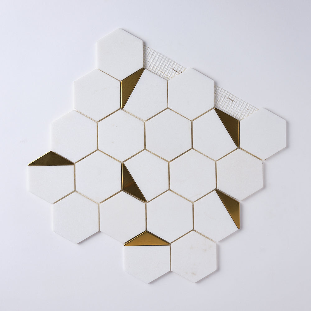 Glam Thassos White + Gold Brass Hexagon Mosaic Tilezz 