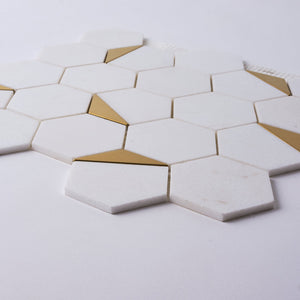 Glam Thassos White + Gold Brass Hexagon Mosaic Tilezz 