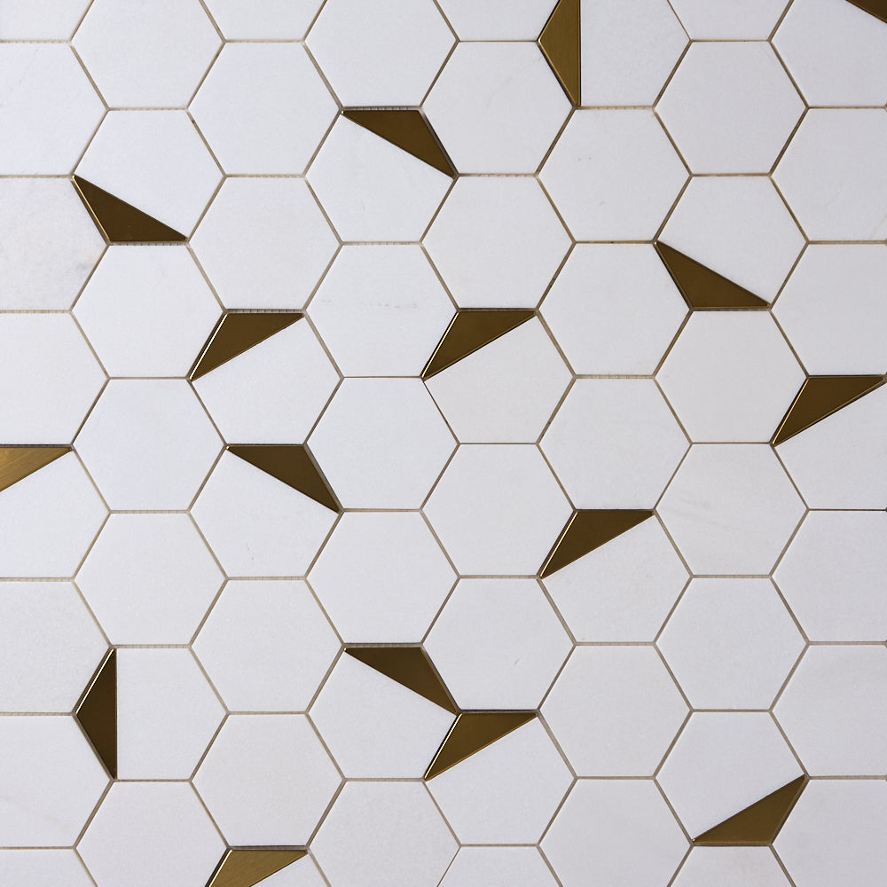Glam Thassos White + Gold Brass Hexagon Mosaic Tilezz 