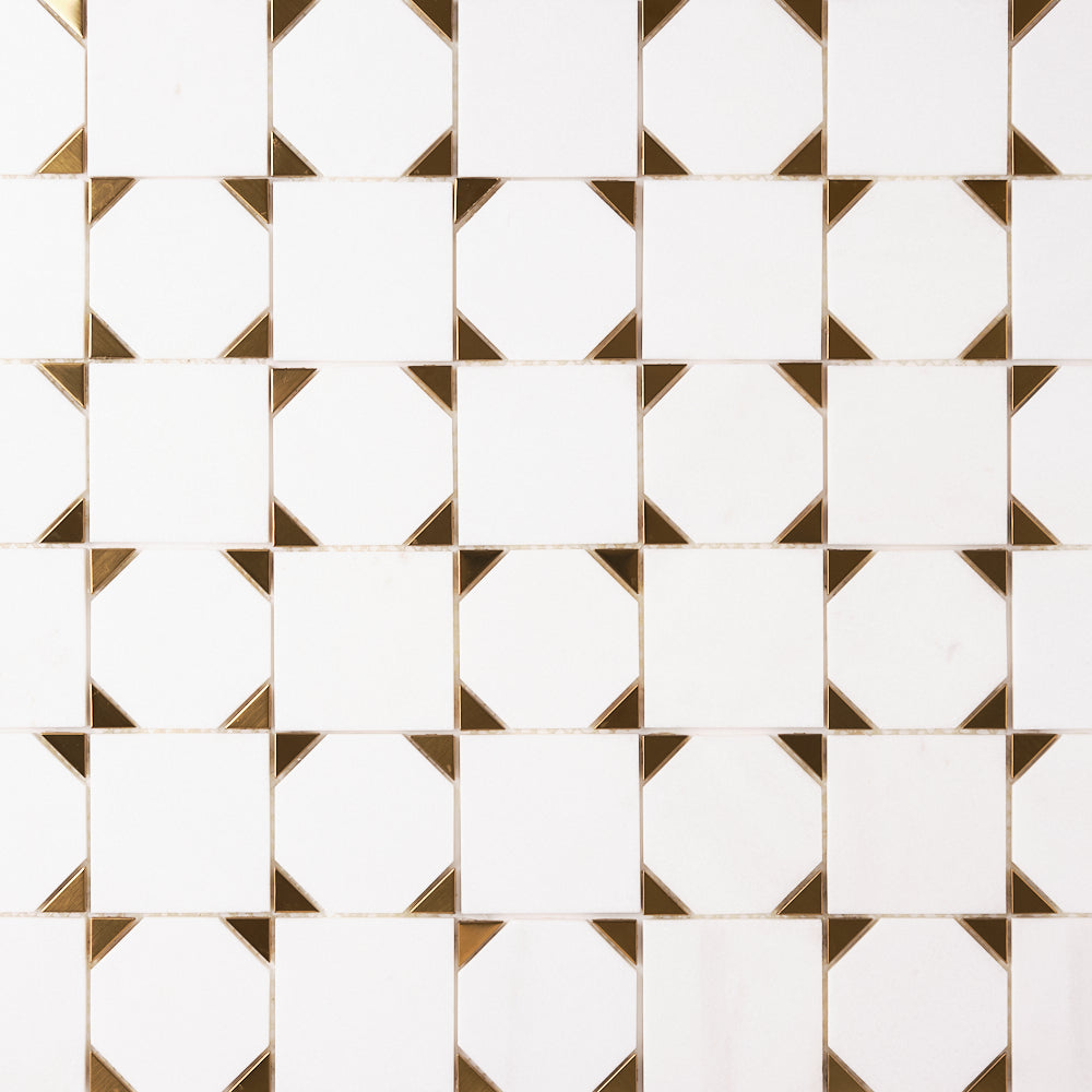 Glam Thassos White + Gold Brass Squares Marble Mosaic Tilezz 