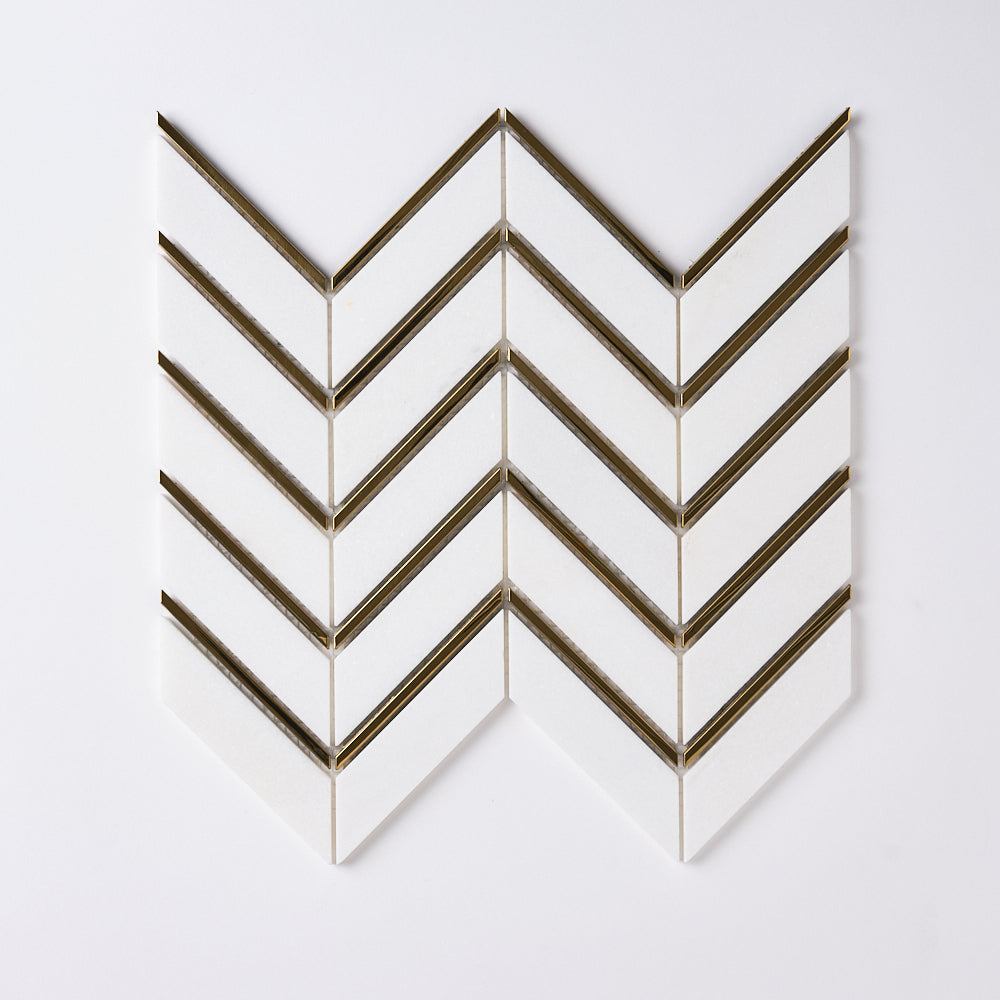 Glam Thassos White + Gold Brass Chevron Marble Mosaic Tilezz 