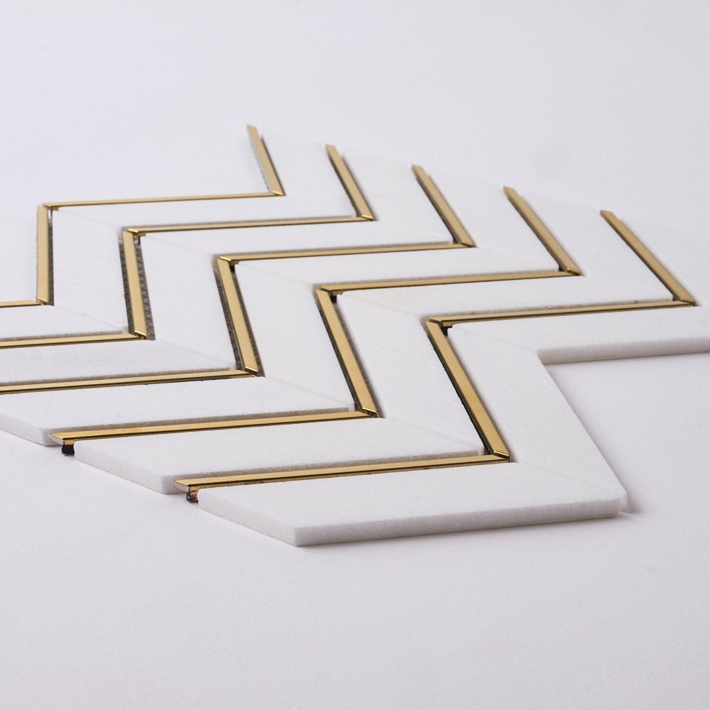 Glam Thassos White + Gold Brass Chevron Marble Mosaic Tilezz 