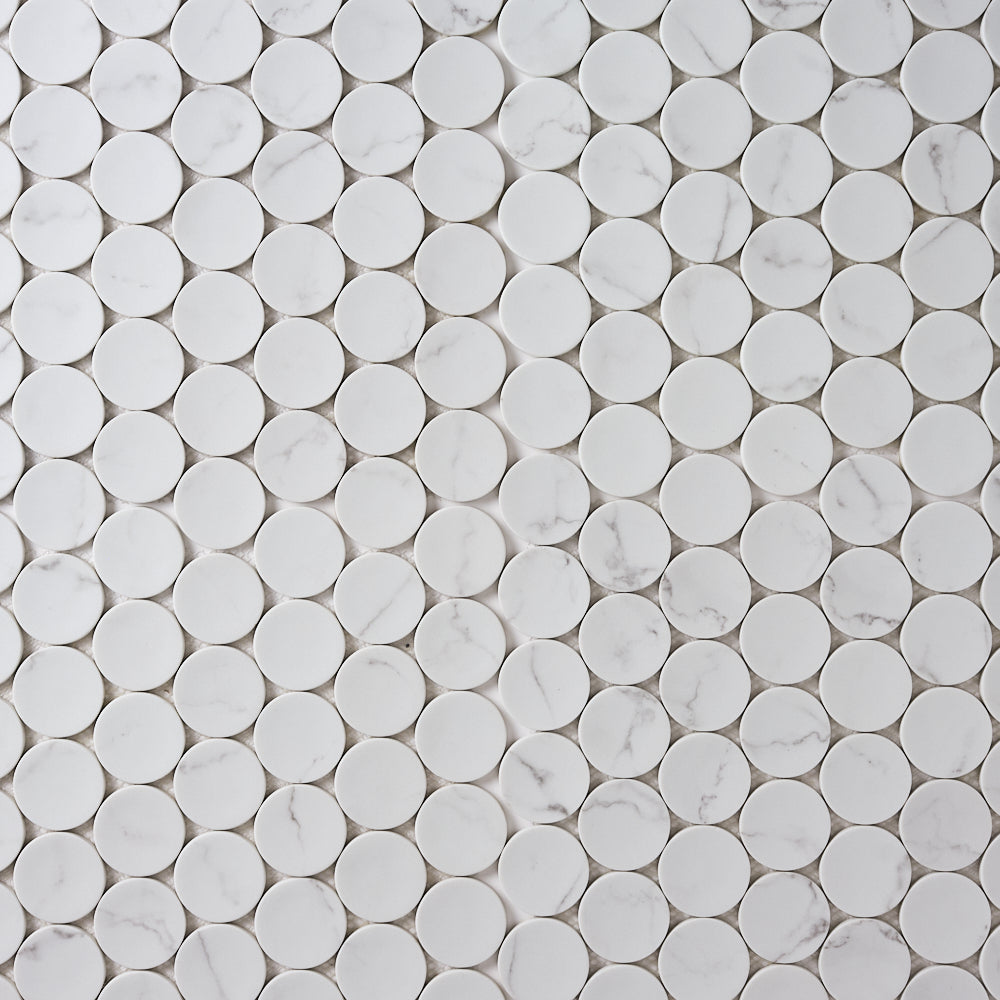 Glam White Statuary Large Penny Round Mosaic Tilezz 