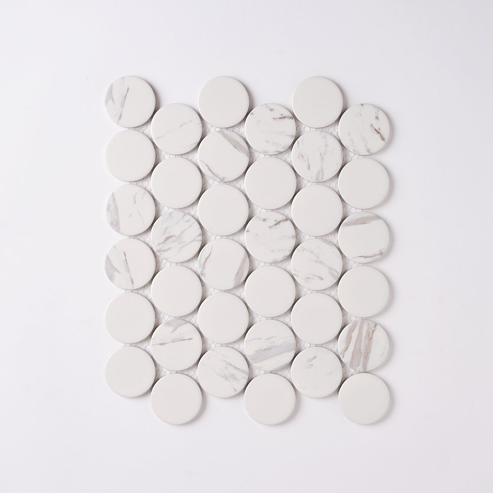 Simple Carrara Blanco Large Penny Round Ceramic Mosaic Matte Tilezz 