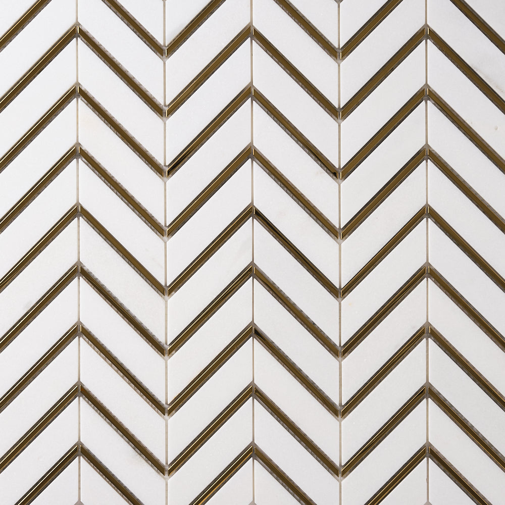Glam Thassos White + Gold Brass Chevron Marble Mosaic Tilezz 