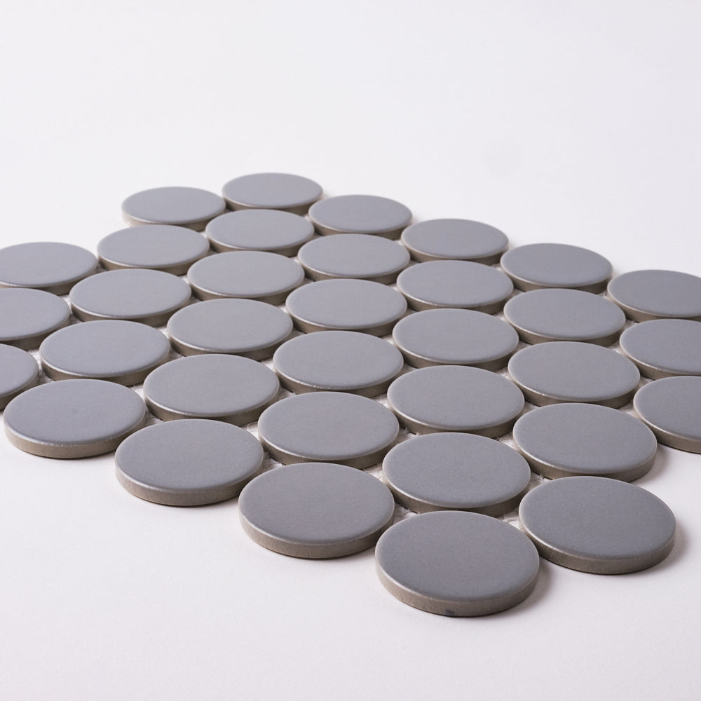 Simple Soft Gray Large Penny Round Ceramic Mosaic Matte Tilezz 