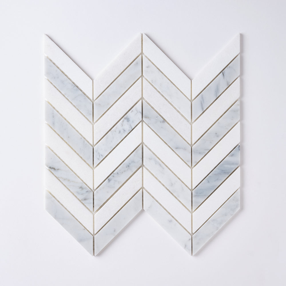 Glam Carrara White + Thassos Chevron Marble Mosaic Tilezz 
