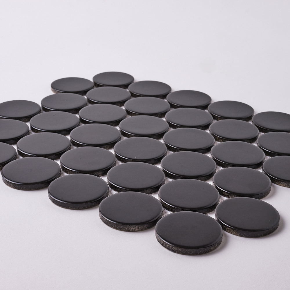 Simple Black Large Penny Round Ceramic Mosaic Matte Tilezz 