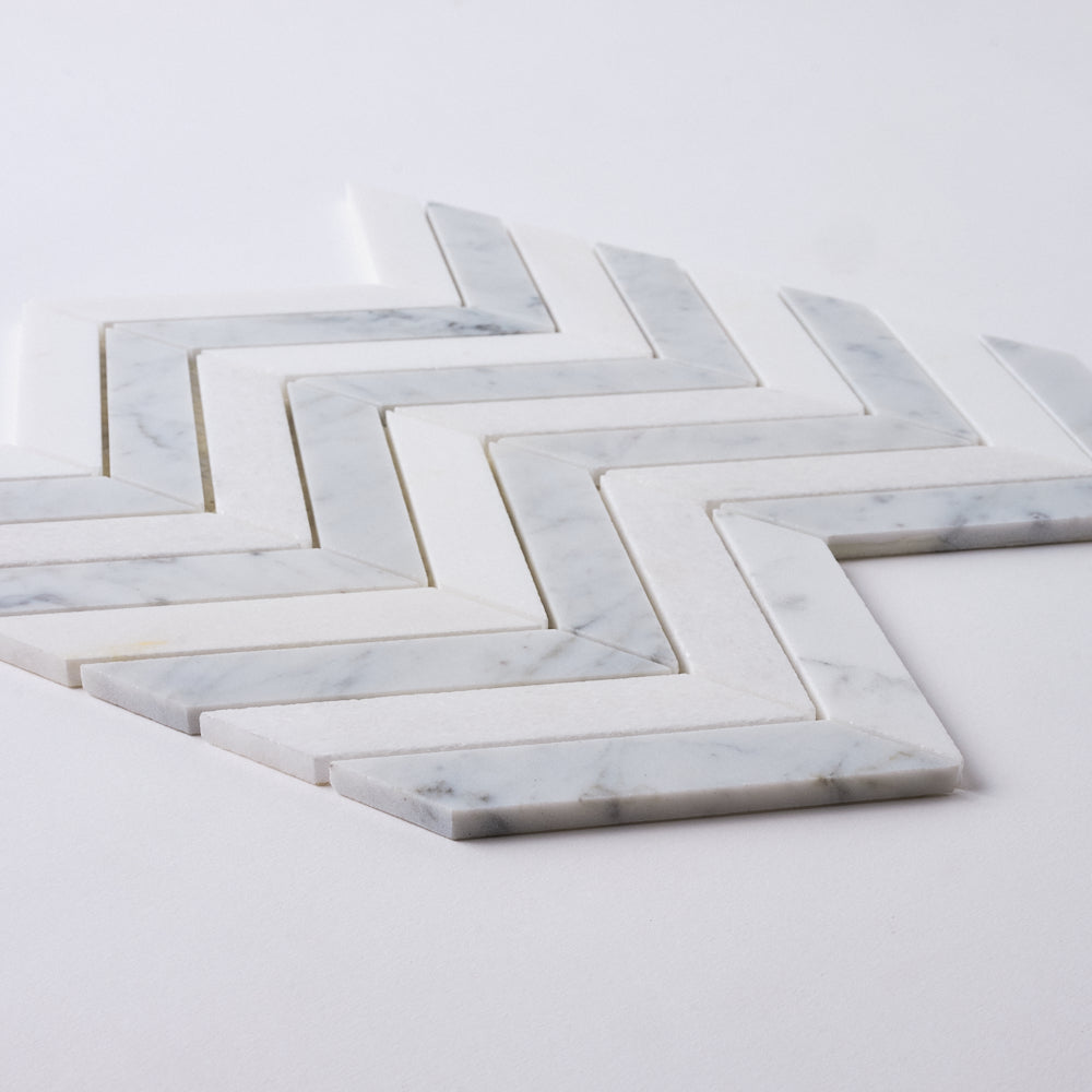 Glam Carrara White + Thassos Chevron Marble Mosaic Tilezz 