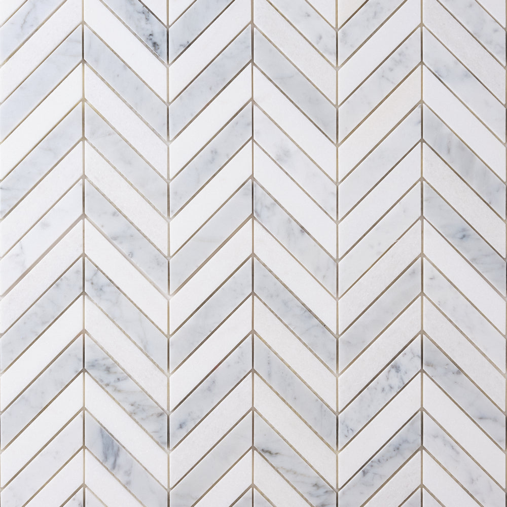 Glam Carrara White + Thassos Chevron Marble Mosaic Tilezz 