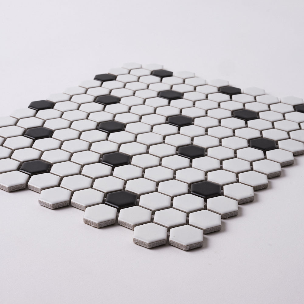 Simple White and Black Hexagon Ceramic Mosaic Matte Tilezz 