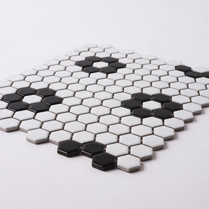Simple Black and White Flower Hexagon Ceramic Mosaic Matte Tilezz 