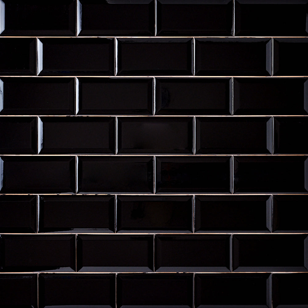 Timeless Jet Black 3x6 Beveled Ceramic Tile Glossy Flooring Tilezz 