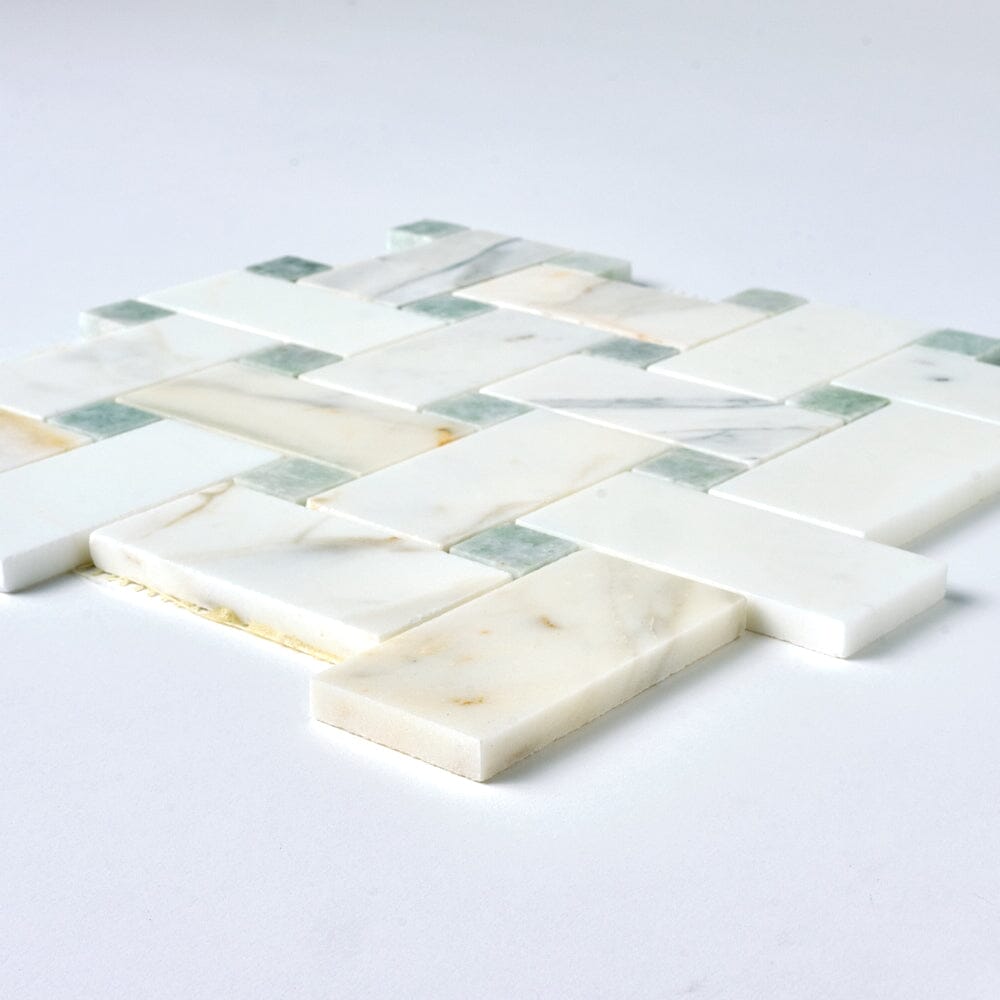 Calacatta Gold & Green Large Basketweave Marble Mosaic Flooring Tilezz 