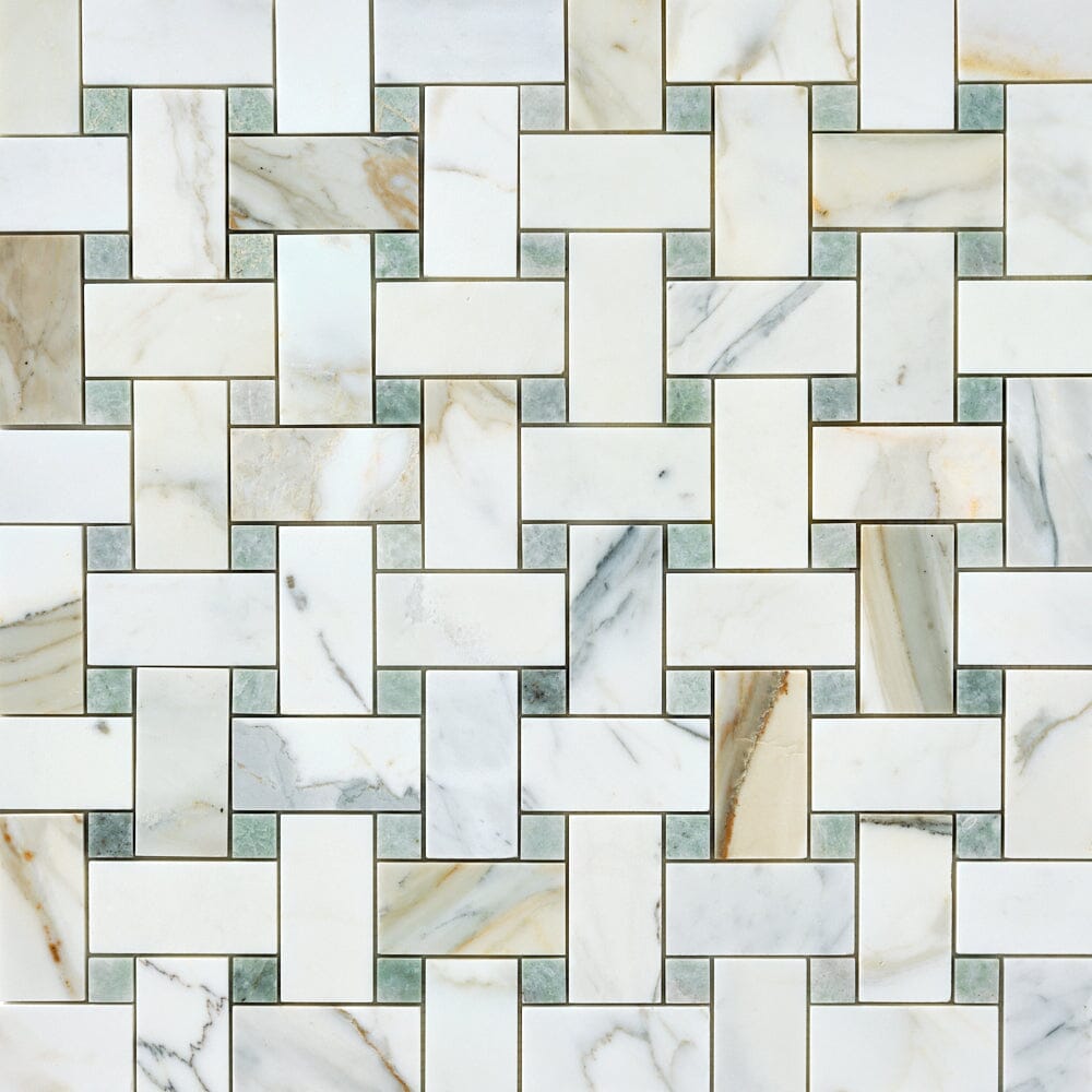 Calacatta Gold & Green Large Basketweave Marble Mosaic Flooring Tilezz 