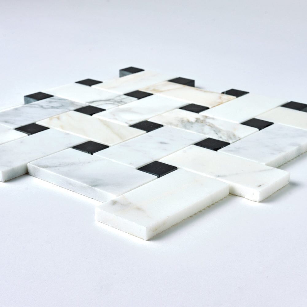 Calacatta Gold & Black Large Basketweave Marble Mosaic Flooring Tilezz 