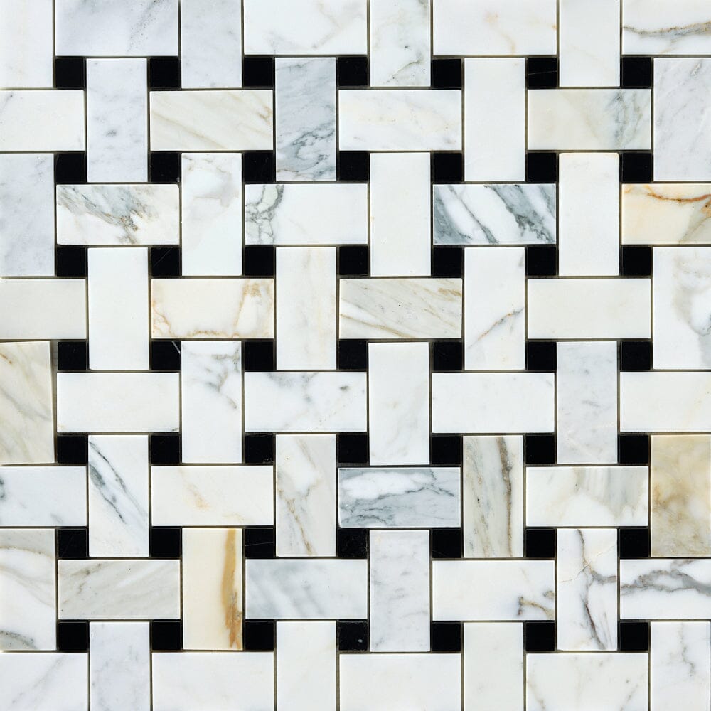 Calacatta Gold & Black Large Basketweave Marble Mosaic Flooring Tilezz 