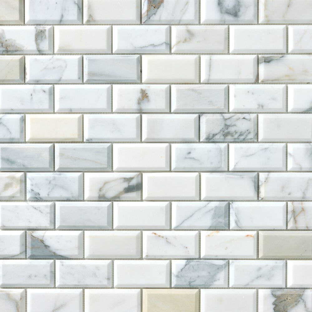 Calacatta Gold 2x4 Beveled Marble Mosaic Flooring Tilezz 