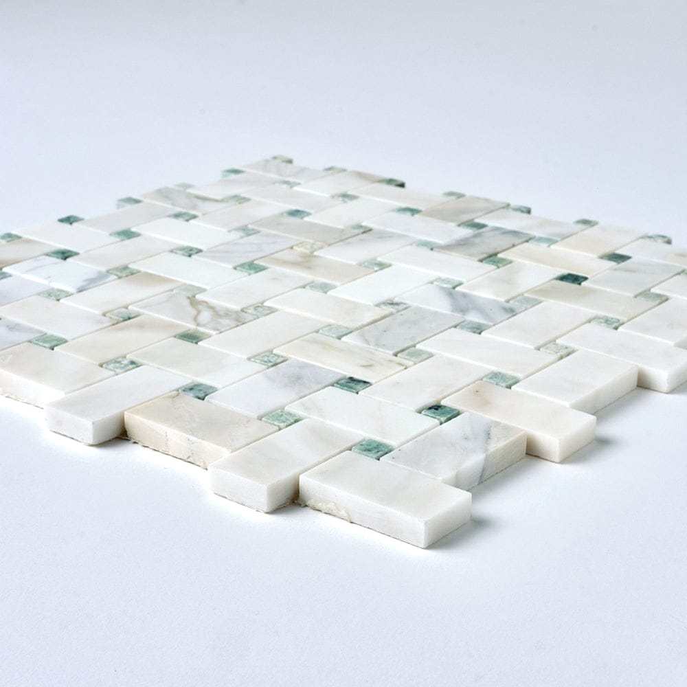 Calacatta Gold & Green Basketweave Marble Mosaic Flooring Tilezz 