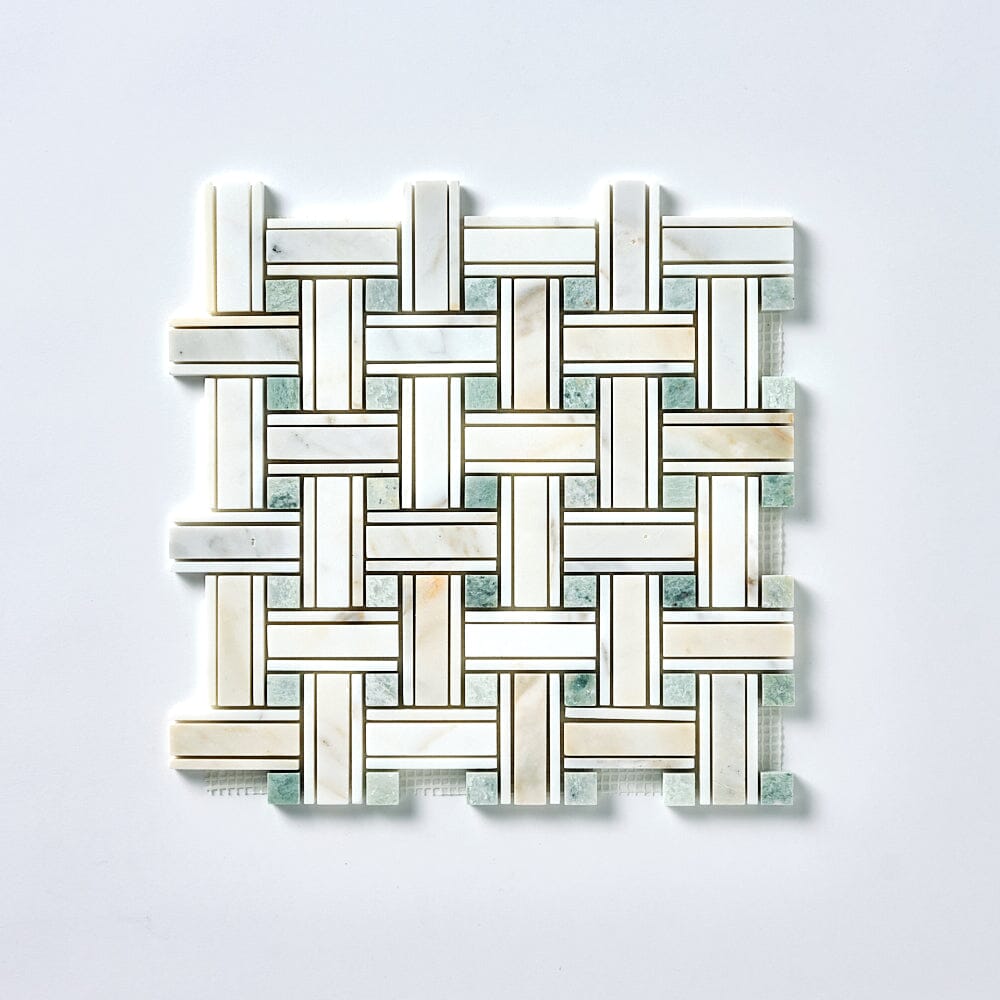 Calacatta Gold & Green Kenzy Basketweave Marble Mosaic Flooring Tilezz 