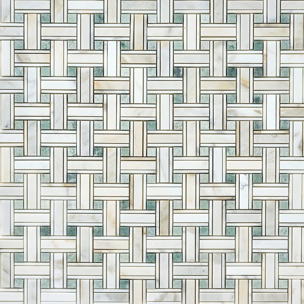 Calacatta Gold & Green Kenzy Basketweave Marble Mosaic Flooring Tilezz 