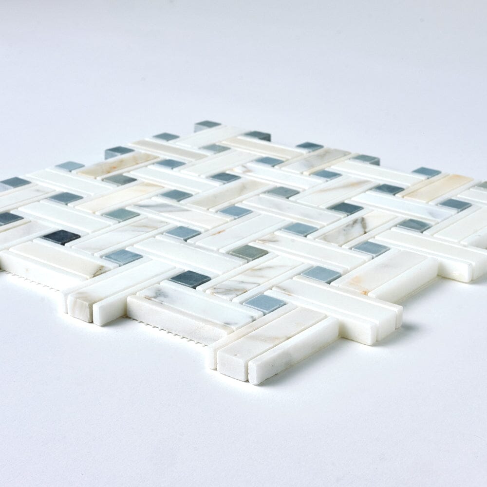 Calacatta Gold & Gray Kenzy Basketweave Marble Mosaic Flooring Tilezz 