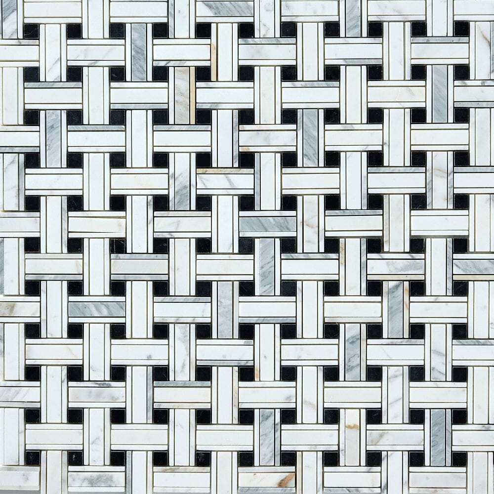 Calacatta Gold & Black Kenzy Basketweave Marble Mosaic Flooring Tilezz 