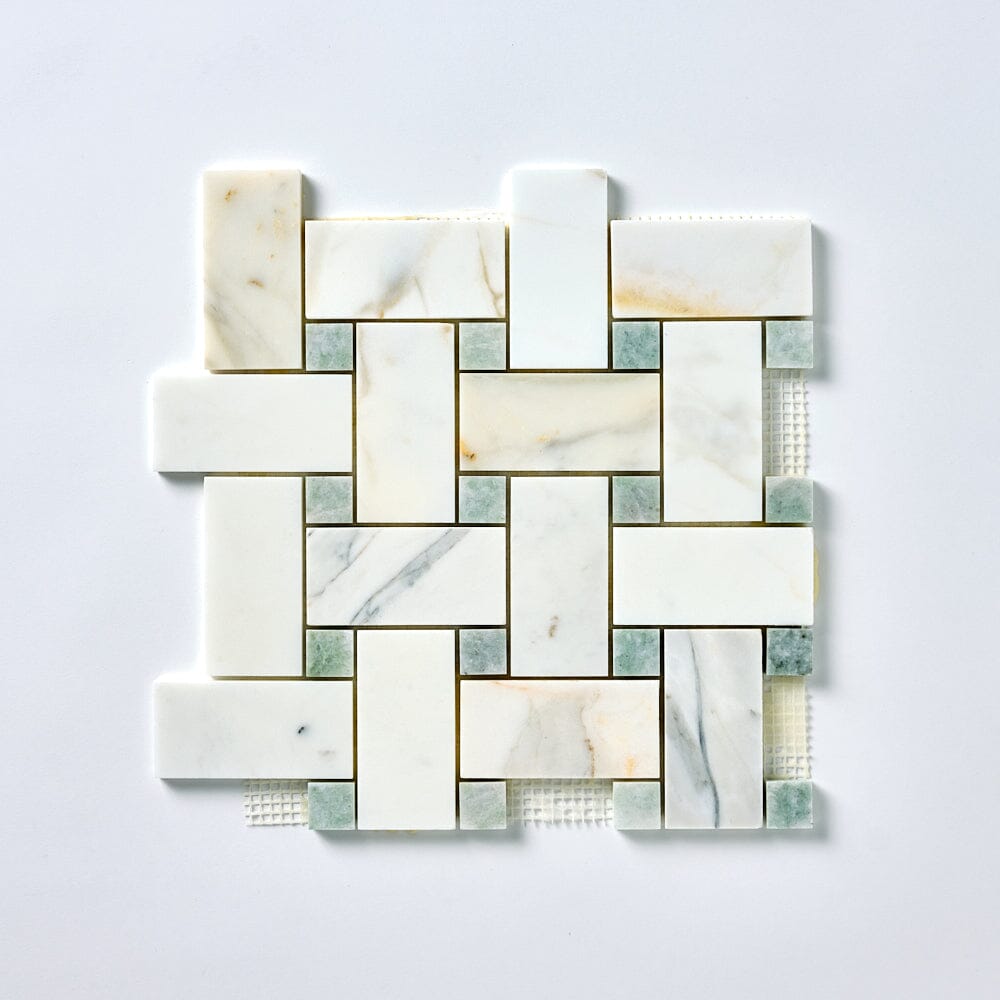 Calacatta Gold & Green Large Basketweave Marble Mosaic Flooring Tilezz 