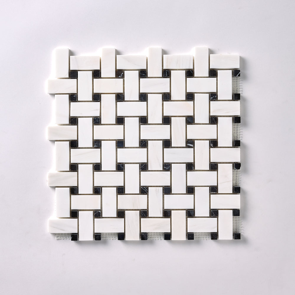 Bianco Dolomite Basketweave with Black Dots Mosaic Polished/Honed Flooring Tilezz 