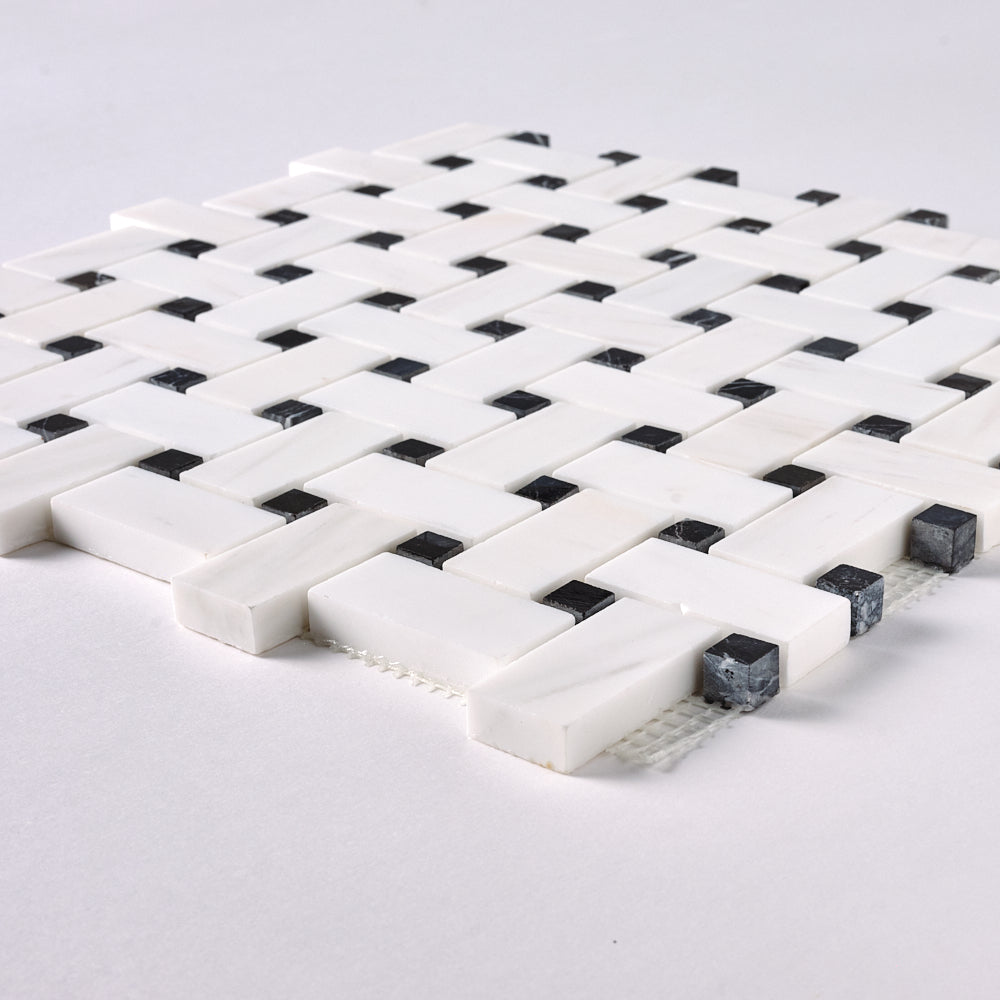 Bianco Dolomite Basketweave with Black Dots Mosaic Polished/Honed Flooring Tilezz 