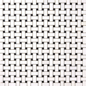 Bianco Dolomite Basketweave with Black Dots Mosaic Polished/Honed Flooring Tilezz 