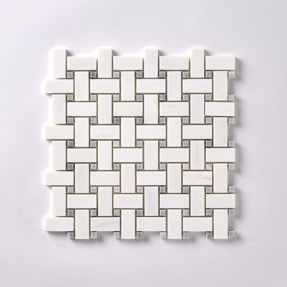 Bianco Dolomite Basketweave with Gray Dots Mosaic Polished/Honed Flooring Tilezz 