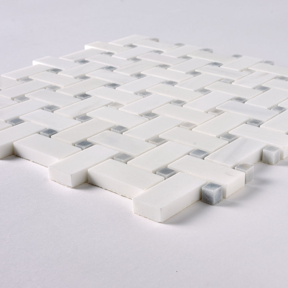 Bianco Dolomite Basketweave with Gray Dots Mosaic Polished/Honed Flooring Tilezz 