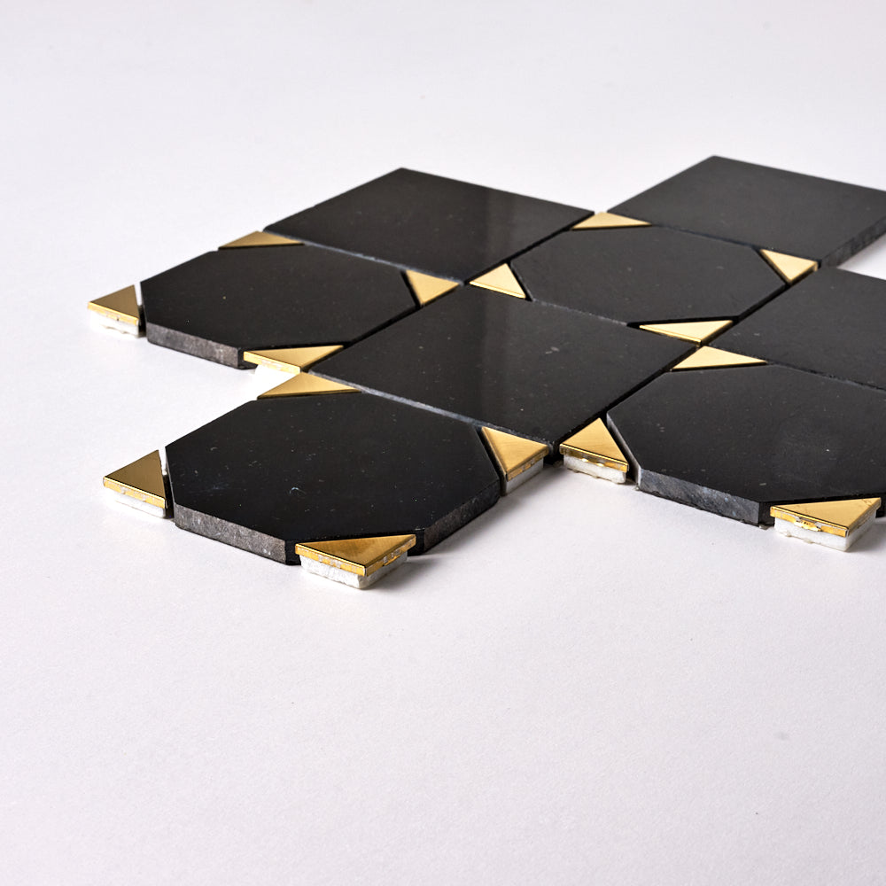 Glam Nero Marquina + Gold Brass Squares Mosaic Tilezz 