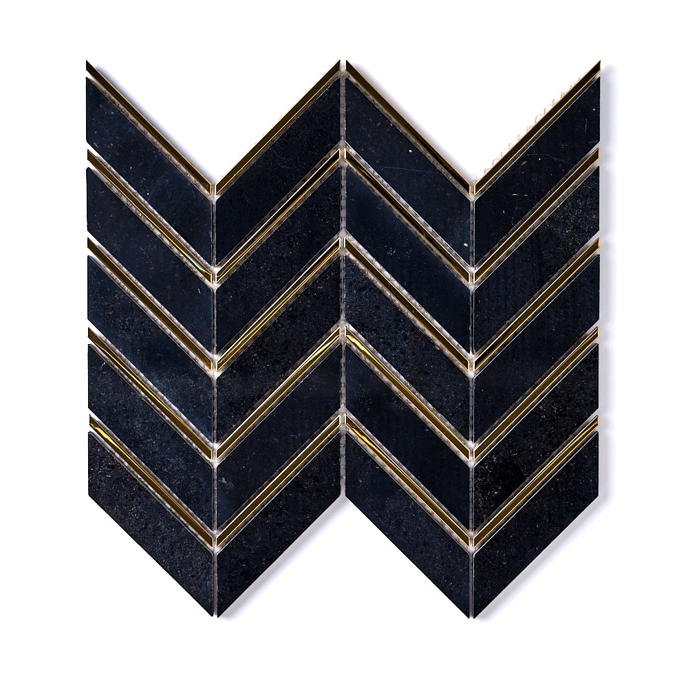 Glam Nero Marquina + Gold Brass Chevron Mosaic Tilezz 