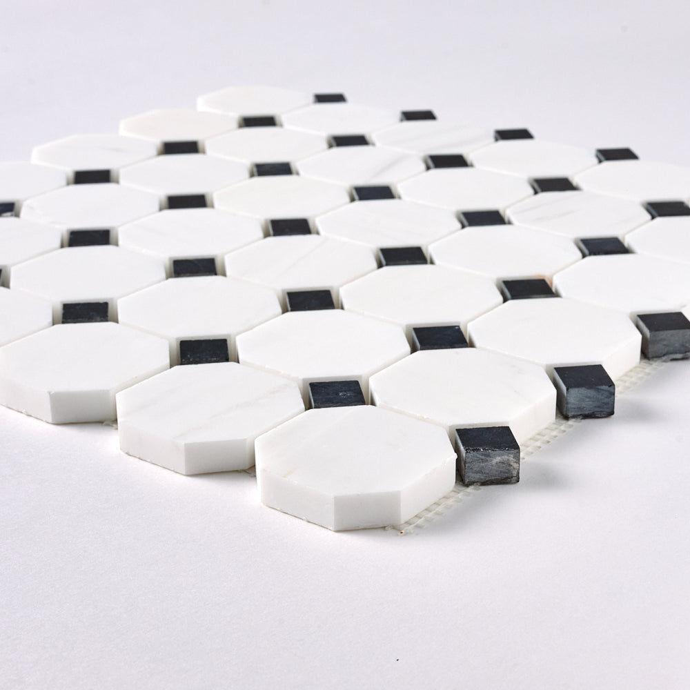 Bianco Dolomite Octagon with Black Dots Mosaic Polished/Honed Flooring Tilezz 