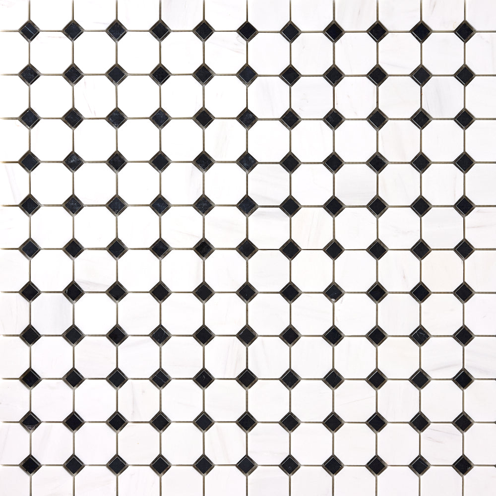 Bianco Dolomite Octagon with Black Dots Mosaic Polished/Honed Flooring Tilezz 