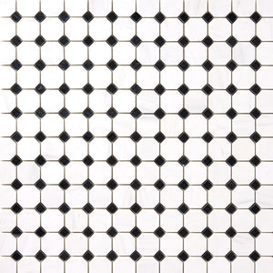 Bianco Dolomite Octagon with Black Dots Mosaic Polished/Honed Flooring Tilezz 