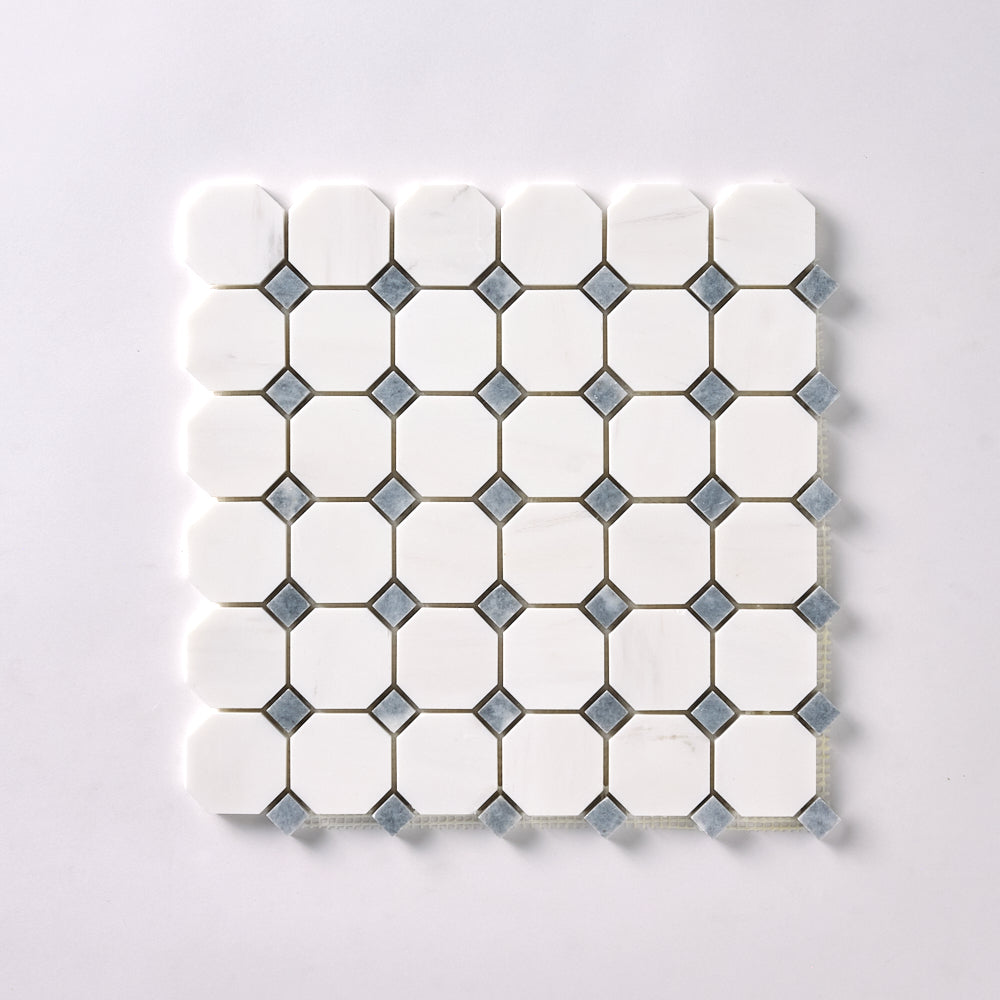 Bianco Dolomite Octagon with Gray Dots Mosaic Polished/Honed Flooring Tilezz 