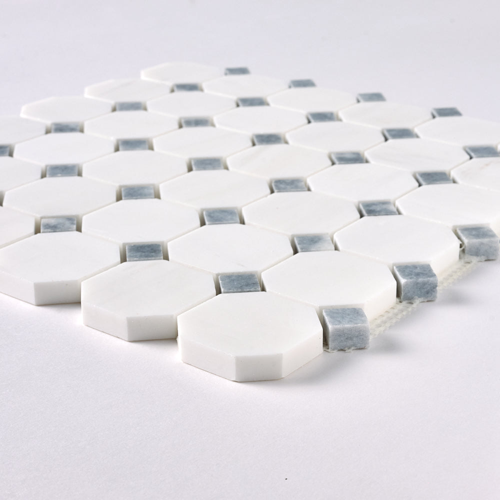 Bianco Dolomite Octagon with Gray Dots Mosaic Polished/Honed Flooring Tilezz 