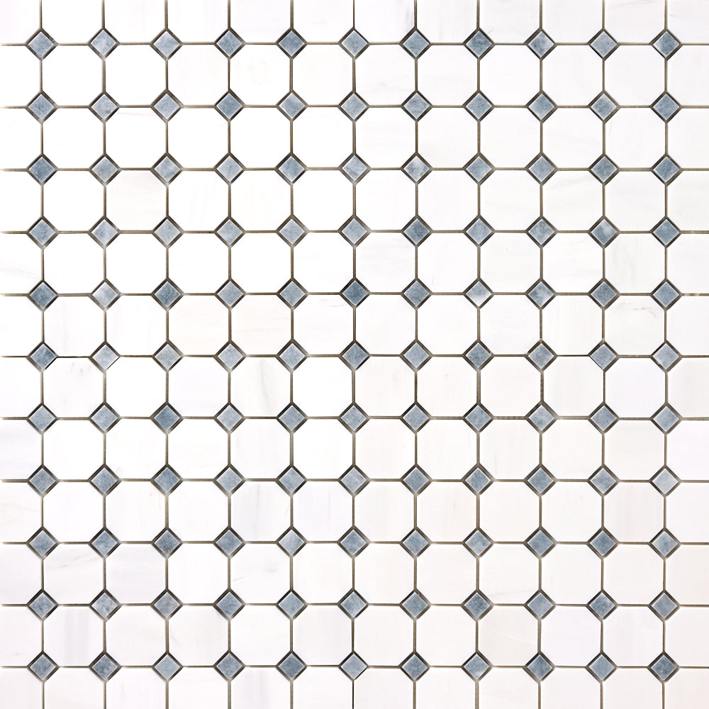 Bianco Dolomite Octagon with Gray Dots Mosaic Polished/Honed Flooring Tilezz 