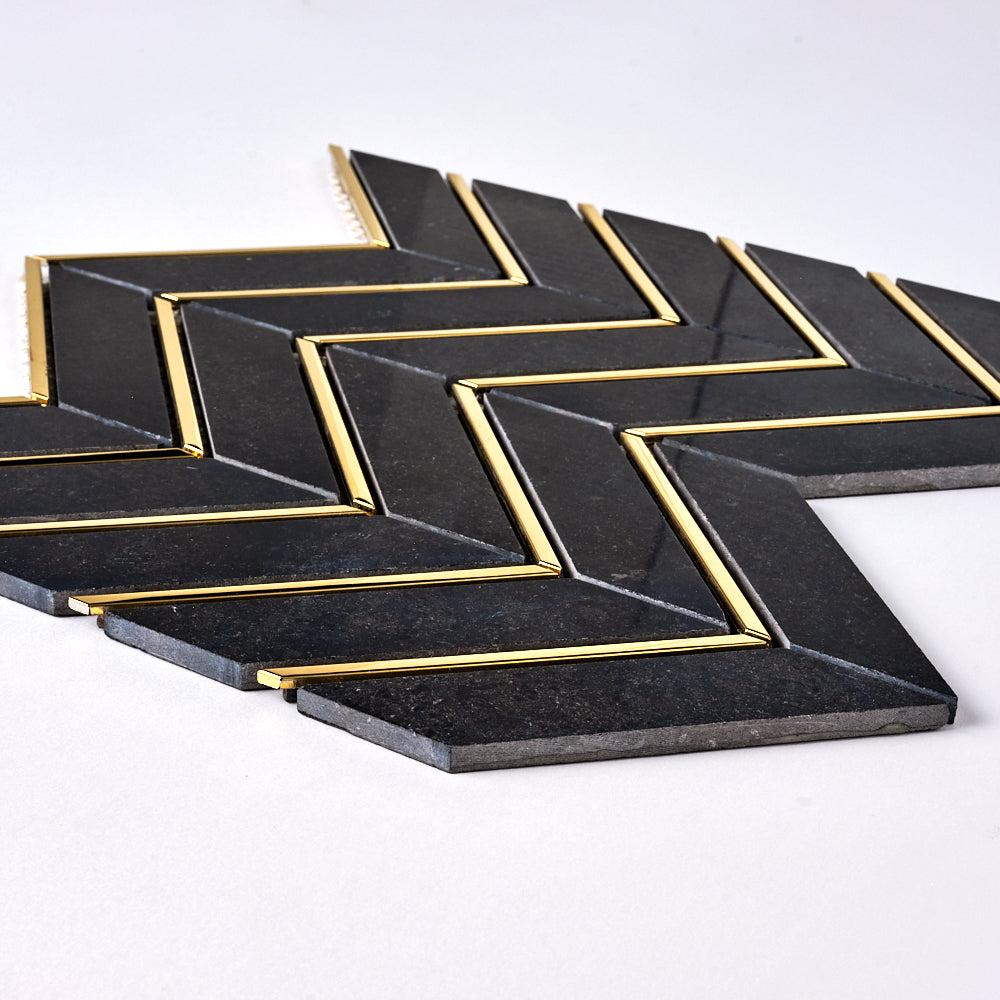 Glam Nero Marquina + Gold Brass Chevron Mosaic Tilezz 