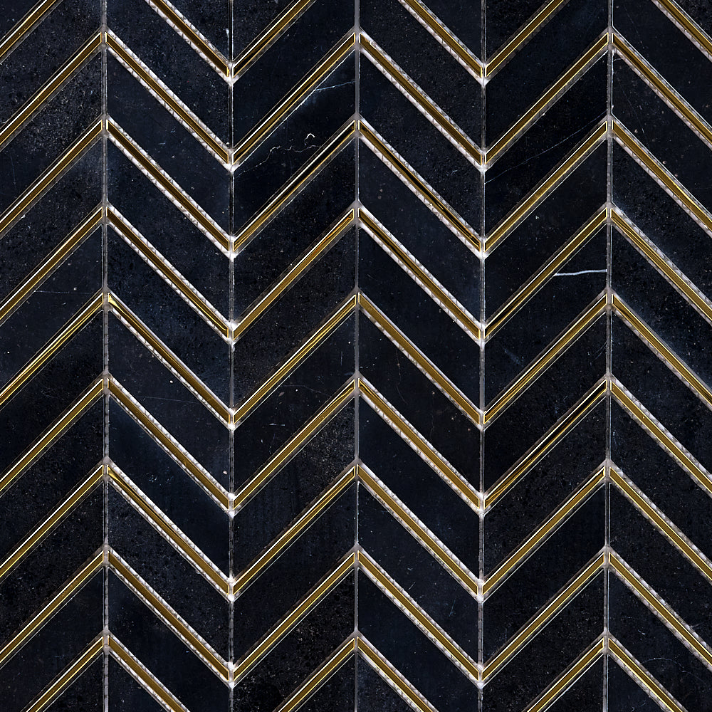 Glam Nero Marquina + Gold Brass Chevron Mosaic Tilezz 