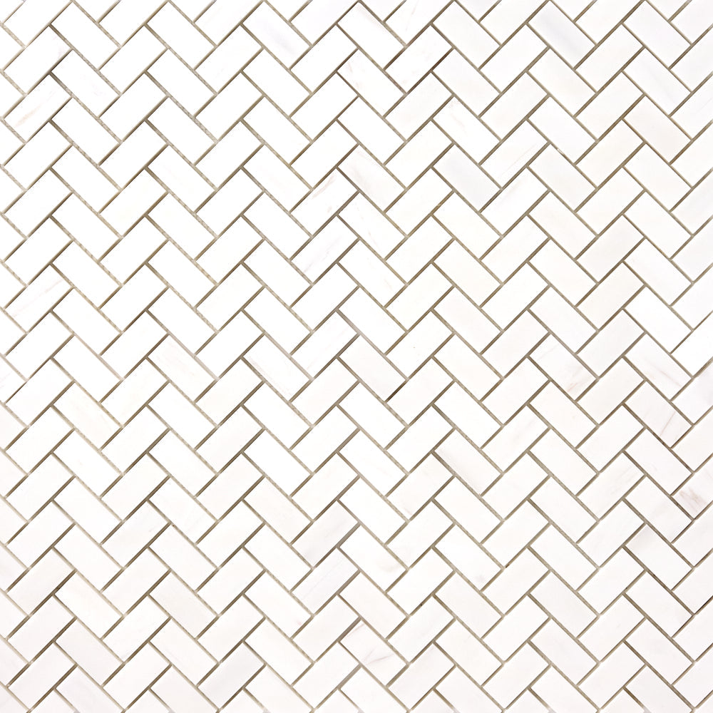 Bianco Dolomite Marble 1x2 Herringbone Mosaic Polished/Honed installed close-up supplier original